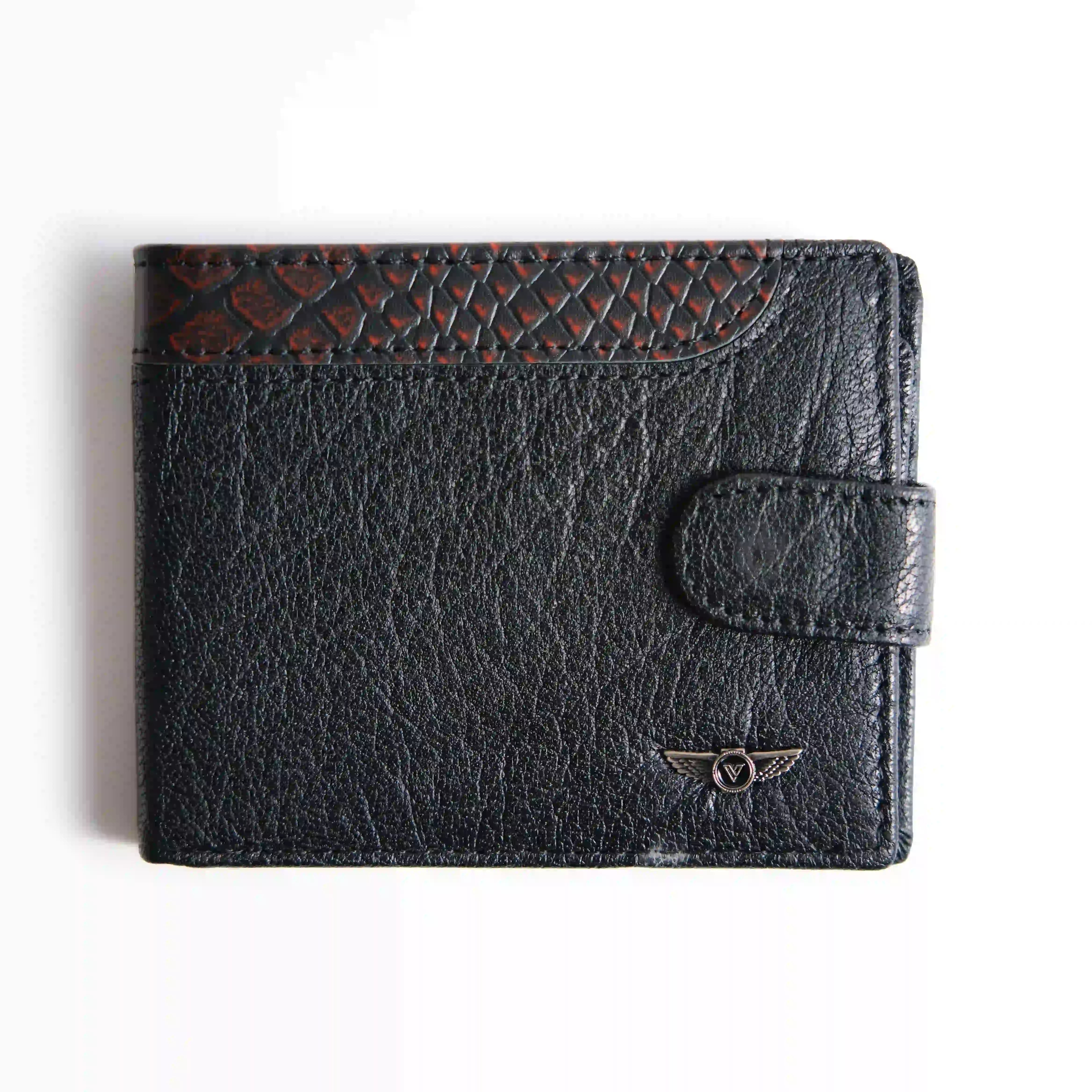 Men’s Genuine Leather Wallet – Black with Textured Trim –VRW-5001-1
