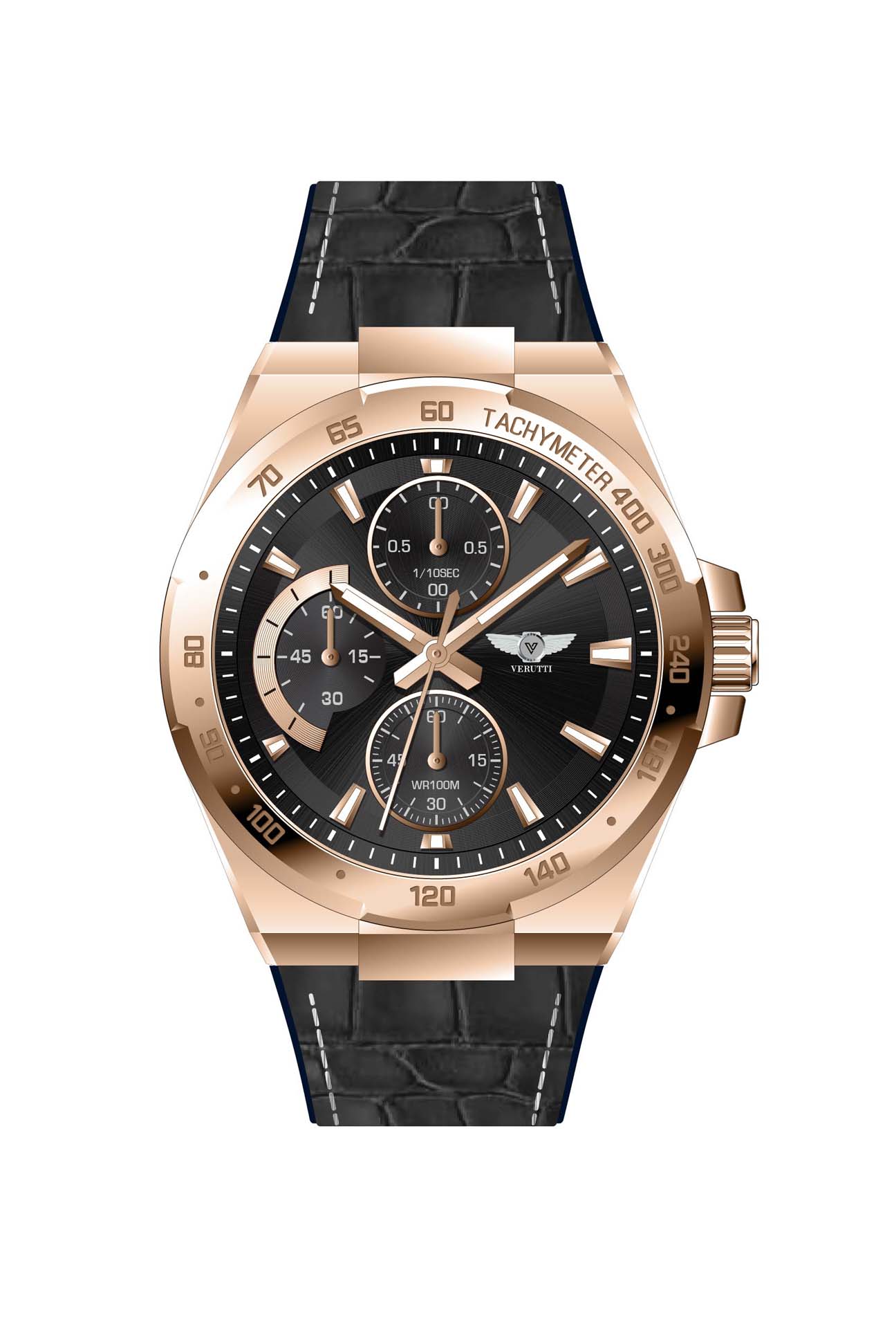 Men’s Chronograph Watch VR-1042-2 – Gold-Tone Case & Black Leather Strap