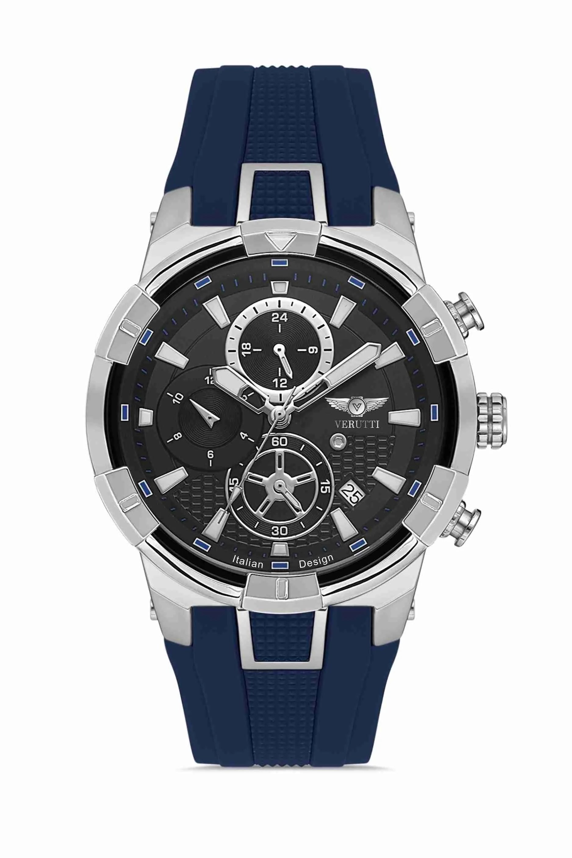 Men’s Luxury Watch – Verutti VR-1014-3 Chrono Sport Edition, Navy Silicone Strap & Black Chronograph Dial