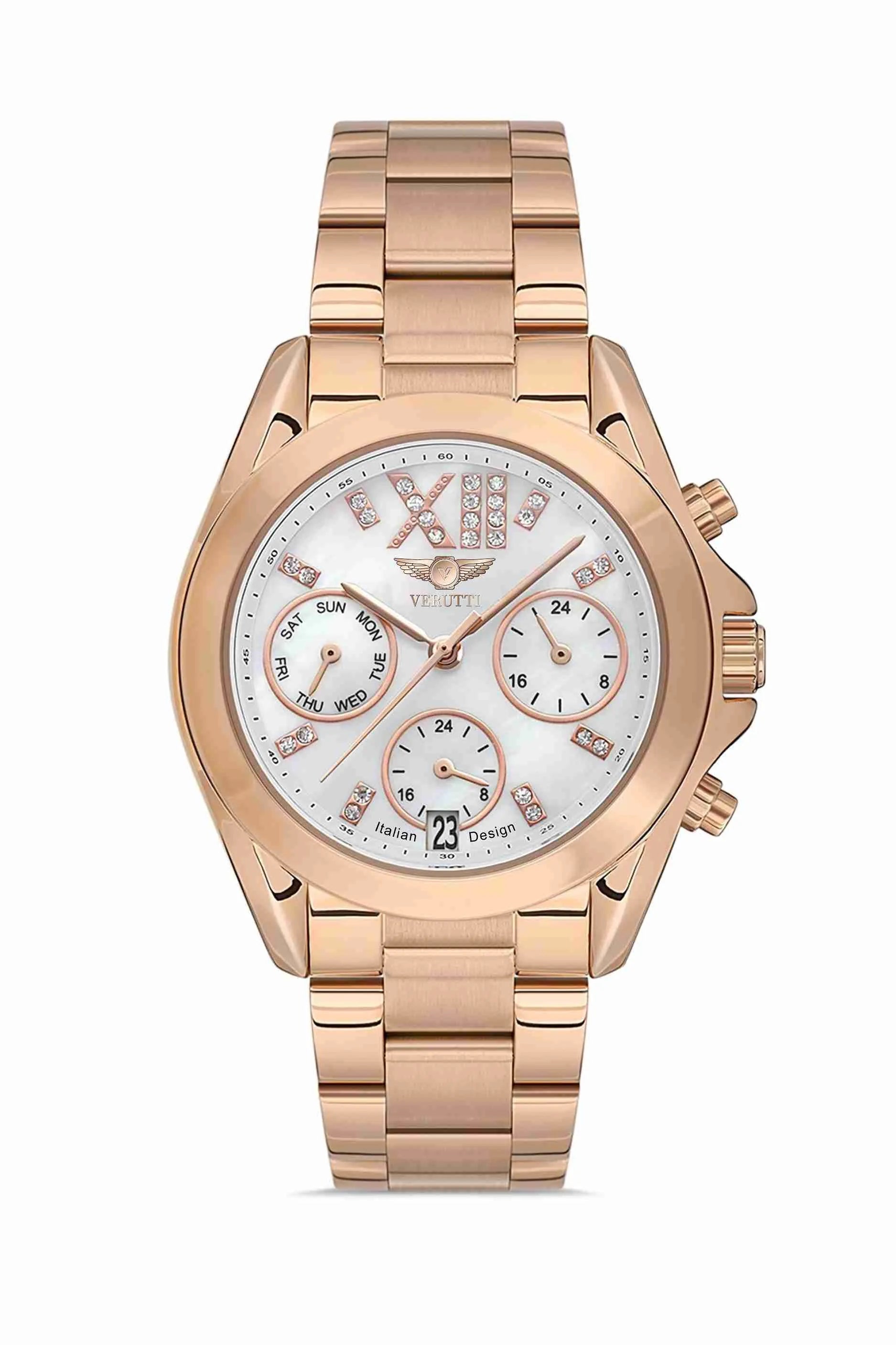 Women’s Luxury Watch – Verutti VR-1008-1 “Blush Gold Edition”
Rose-Toned Steel Bracelet & White Dial with Crystals