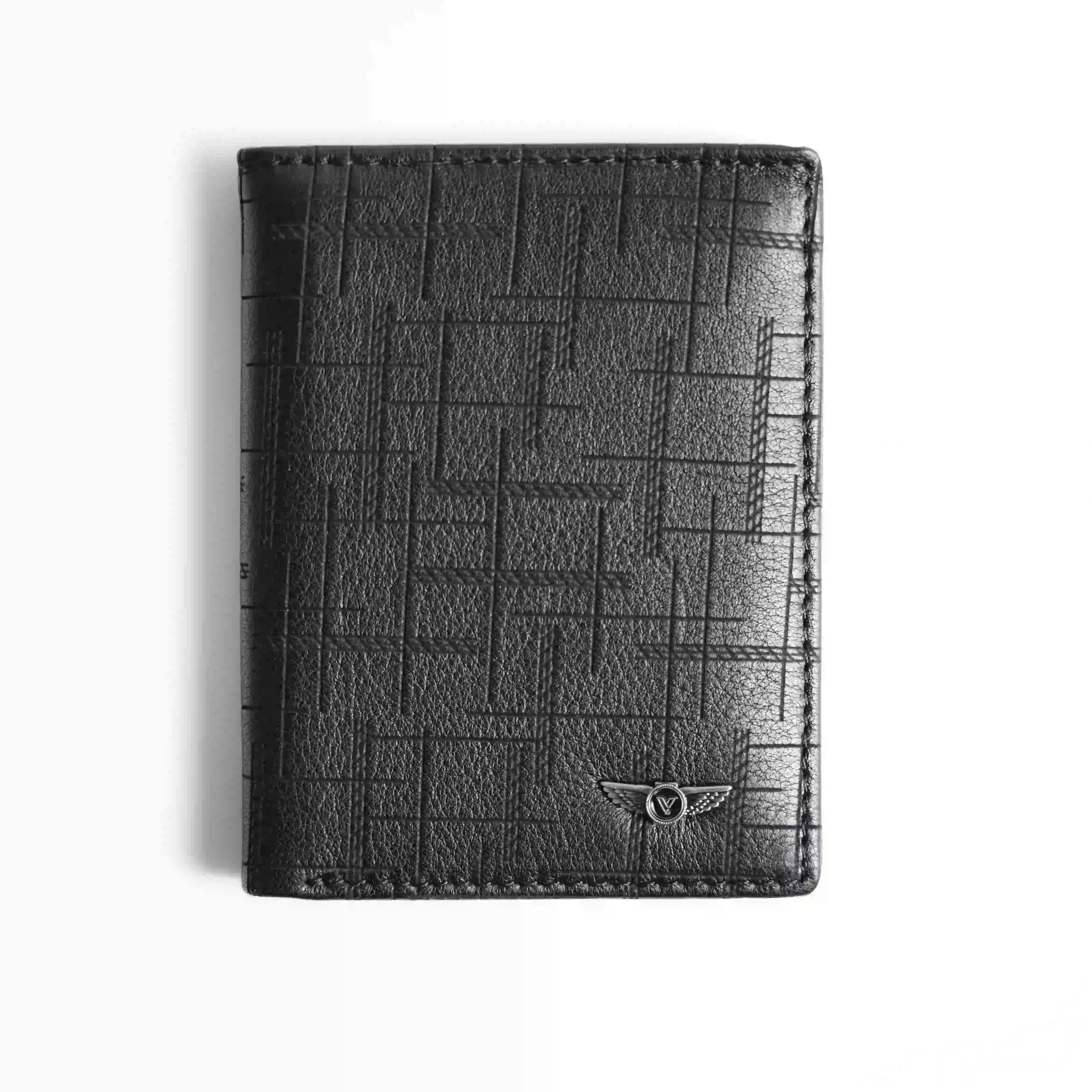 Men’s Genuine Leather Vertical Wallet – Black Geometric Embossed – Verutti VRW-5002-1