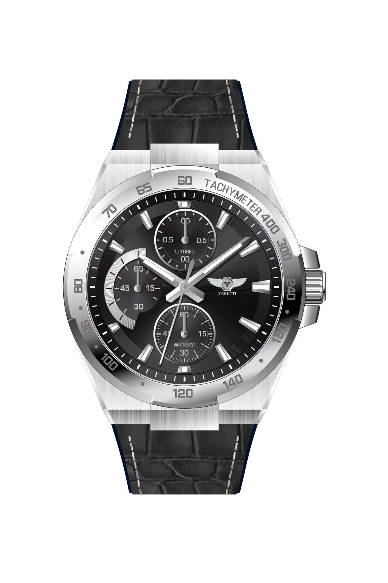 Men’s Chronograph Watch VR-1042-1 – Silver Case & Black Leather Strap