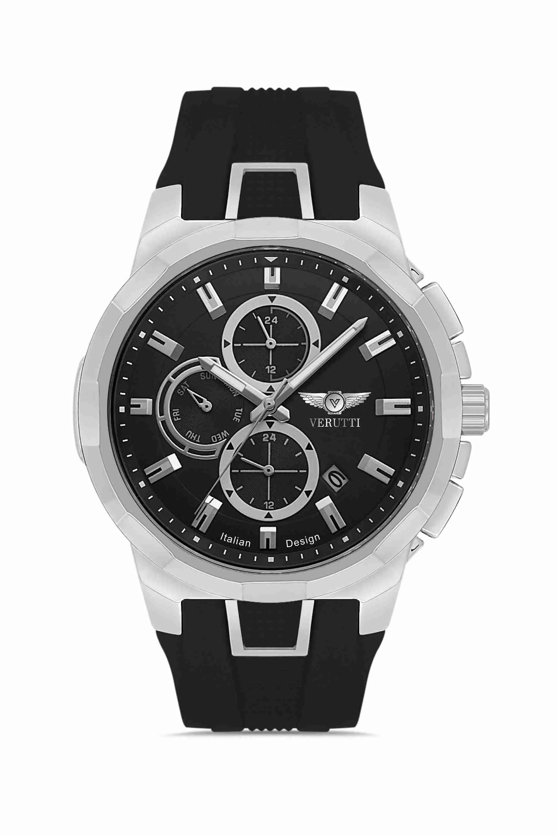 Men’s Luxury Watch – Verutti VR-1013-1 Black Luxe Edition, Black Silicone Strap & Black Multifunction Dial