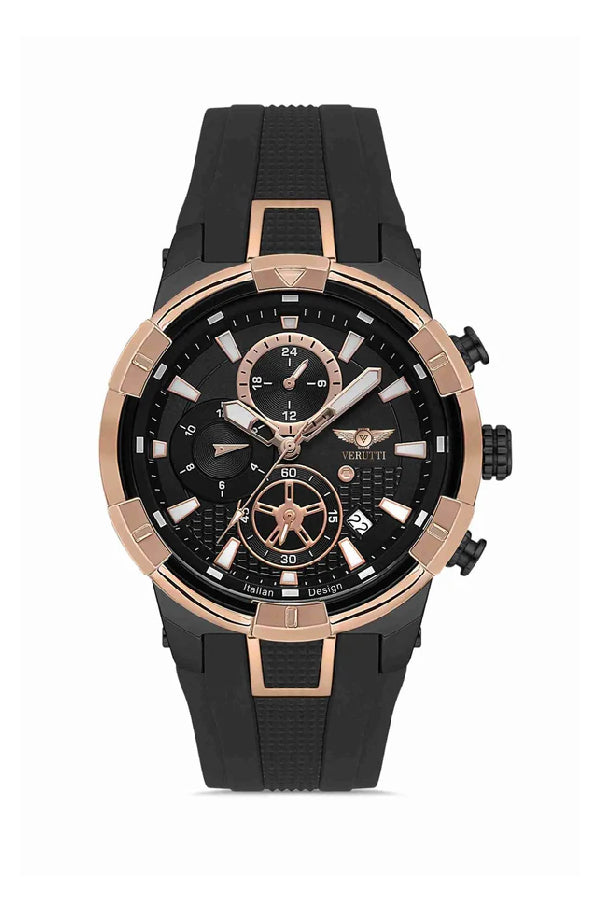Men’s Luxury Watch – Verutti VR-1014-2 “Chrono Sport Edition”
Black Silicone Strap &amp; Black Chronograph Dial