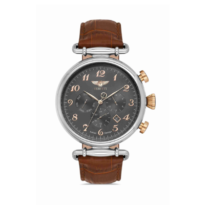 Men’s Luxury Watch – Verutti VR-1026-1 Brown Leather Strap & Black Dial